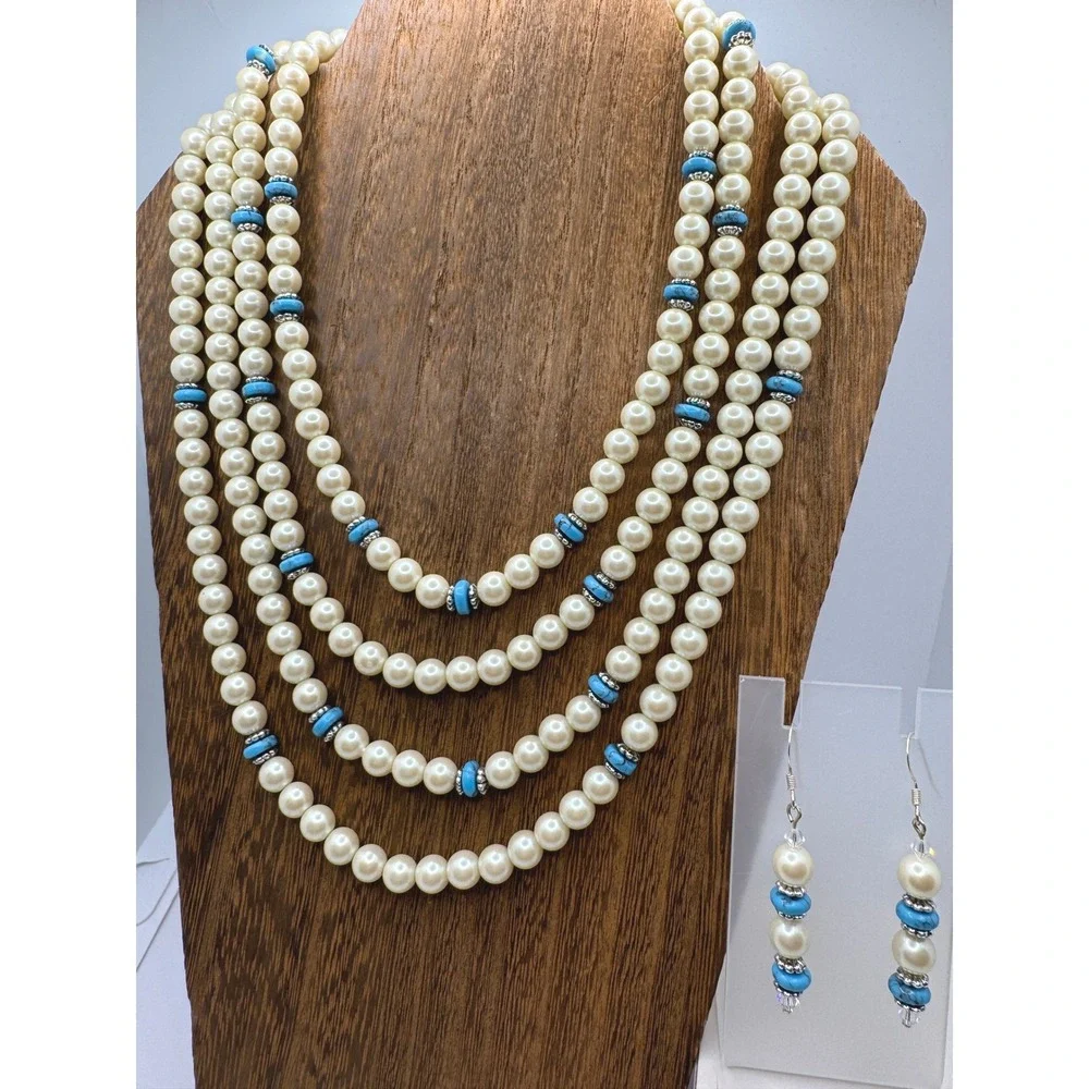 Chaps Faux Pearl Turquoise Multi Strand Necklace and Earring Set Silver Tone